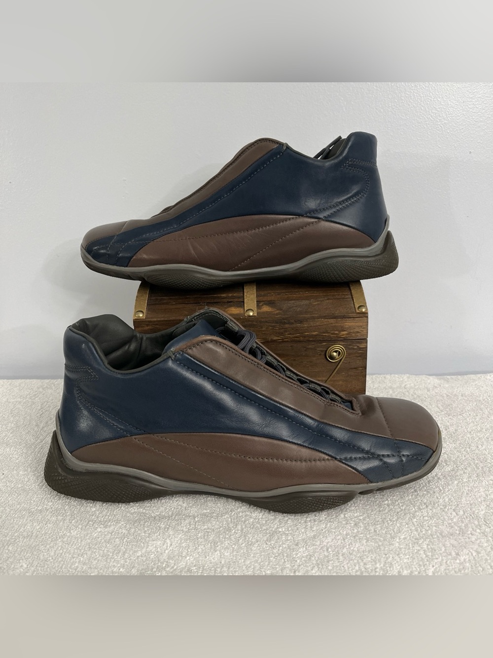 Vintage Prada Sport Leather Sneakers Blue Brown Y2K Rossa Men's UK 9.5 US 10.5